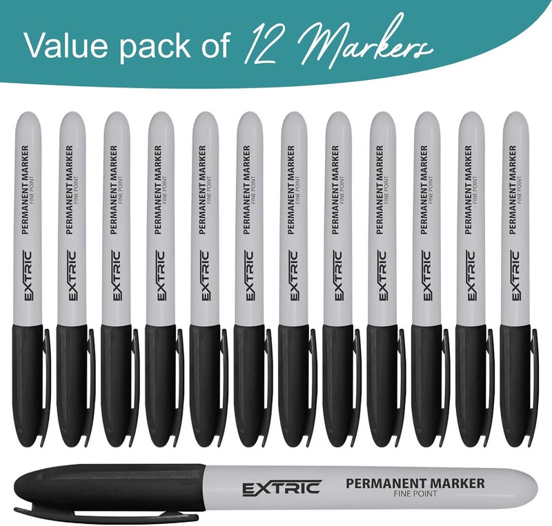 EXTRIC Permanent Markers Black, 12 Count Fine Point Markers, Quick Drying, Works on wood, Paper, Plastic, Metal and Glass, for Home, Office and School use - Image 2